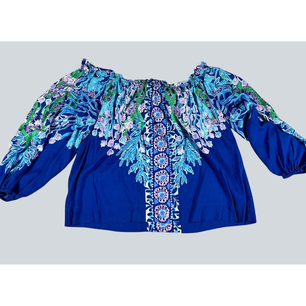 Lilly Pulitzer Womens Blue Floral Off The Shoulder Blouson Sleeve Blouse XL - Picture 10 of 12